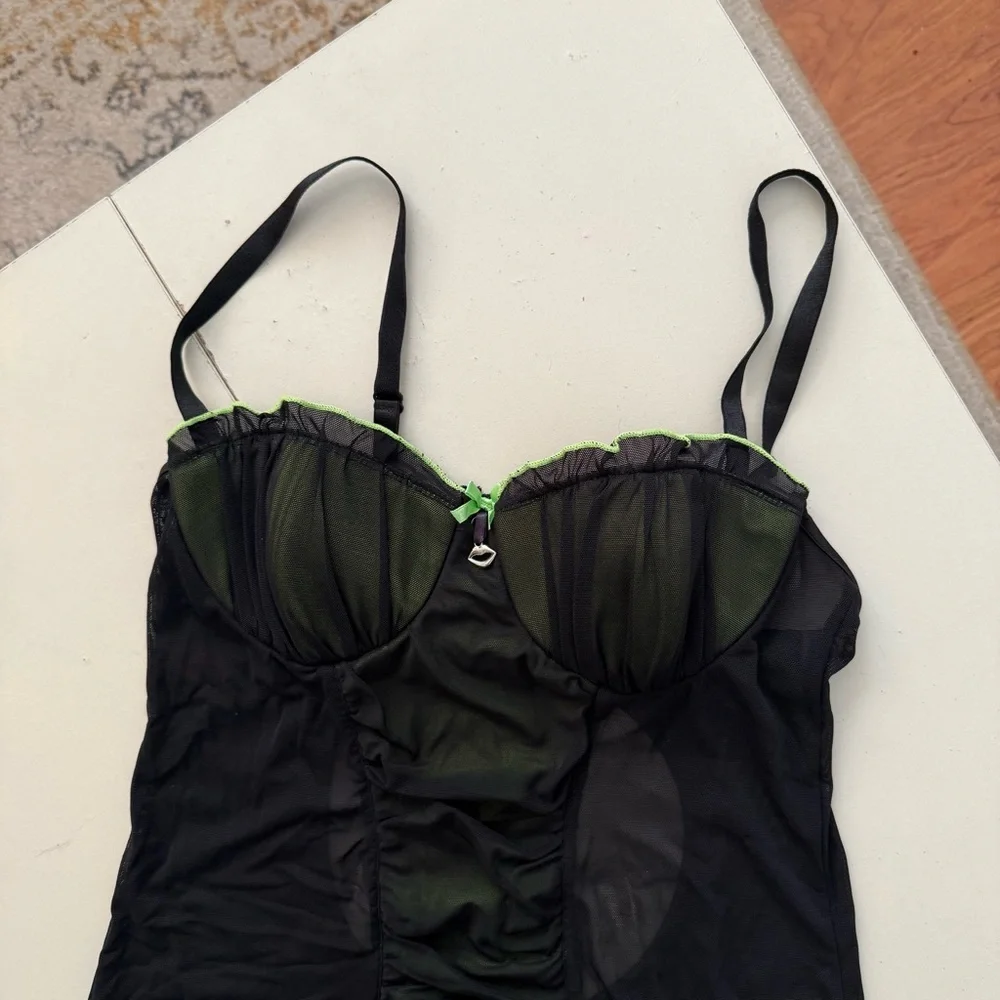 Cyber Glam Neon Lime Green Black Mesh Chemise Open Back Ruffle Festival Corset - Picture 4 of 9
